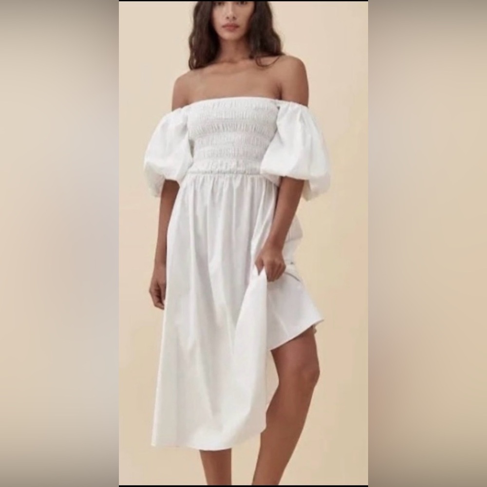 Reformation Tuli Midi Dress Smocked Puff Sleeves White Organic Cotton size XS